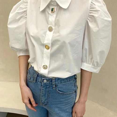 Load image into Gallery viewer, High High White Shirt For Women Lapel Puff Sleeve Solid Minimalist Straight Blouses Female Spring Clothes Style
