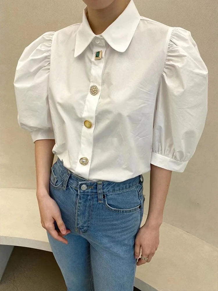 High High White Shirt For Women Lapel Puff Sleeve Solid Minimalist Straight Blouses Female Spring Clothes Style