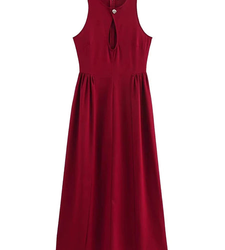 Solid Hollow Out Slimming Dresses For Women O Neck Sleeveless High Waist Temperament Long Dress Female Fashion New