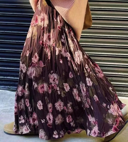 Spring Summer Korean Fashion Retro Brown Floral Elegant Office Long Skirt For Women Red High Waisted Holiday Half Skirt Bohemian