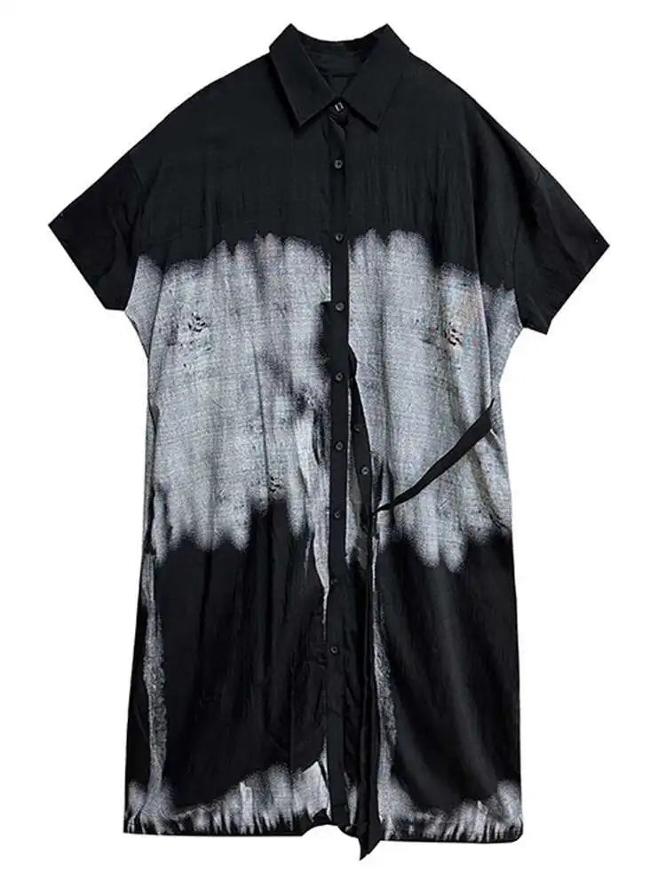 Women Green Pattern Printed Belted Big Size Shirt Dress New Lapel Short Sleeve Fashion Tide Spring Summer 2025  1DH5759