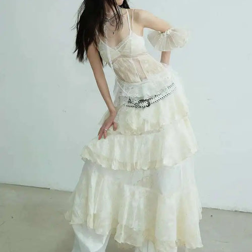 Load image into Gallery viewer, Women Beige Lace Perspective Long Spaghetti Strap Dress New V-Neck Sleeveless Fashion Tide Spring Autumn 2025 1DJ0684
