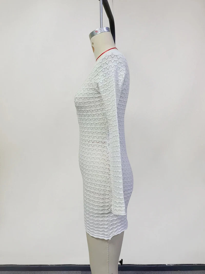 Sexy Knitted Beach Dress For Woman White Hollow Out Deep V Neck Long Sleeve High Waist A-line Knit Dress Knitwear