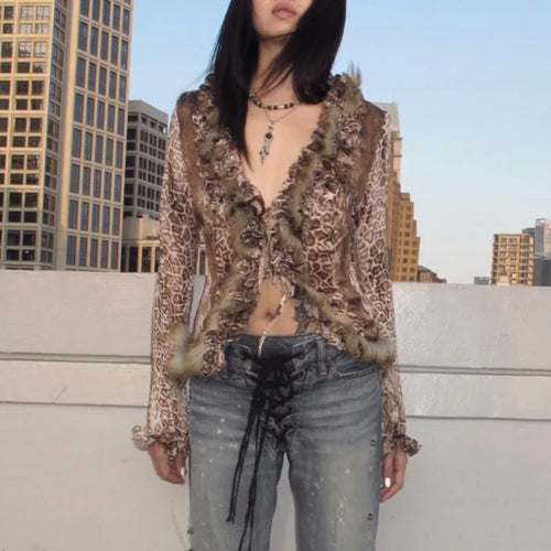 Load image into Gallery viewer, Japanese Y2k Leopard Print Shirt Vintage Harajuku Fur Shirt Grunge Aesthetics V-neck Irregular Blouses American Retro
