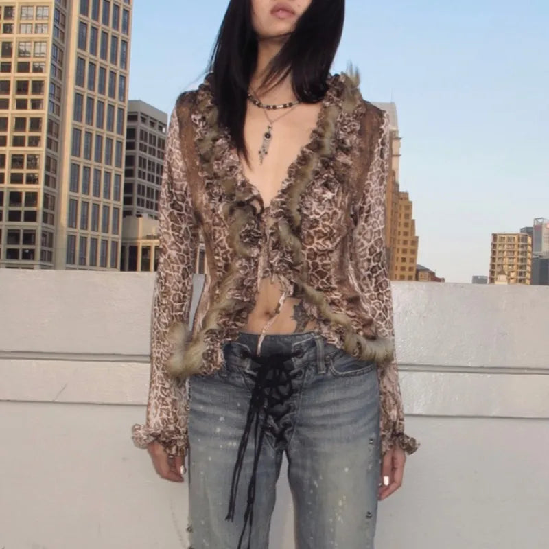 Japanese Y2k Leopard Print Shirt Vintage Harajuku Fur Shirt Grunge Aesthetics V-neck Irregular Blouses American Retro