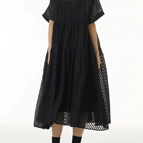 Load image into Gallery viewer, Women Blue Grid Hollow Out Big Size Midi Shirt Dress New Lapel Short Sleeve Fashion Tide Spring Summer 2025 1DJ1208
