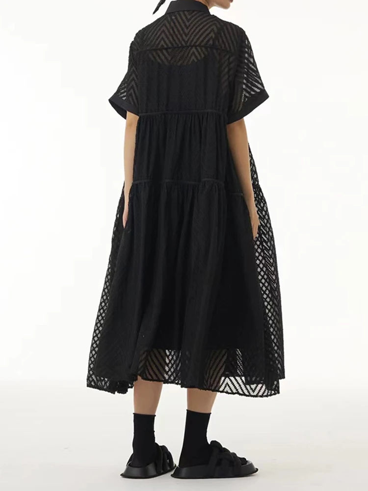 Women Blue Grid Hollow Out Big Size Midi Shirt Dress New Lapel Short Sleeve Fashion Tide Spring Summer 2025 1DJ1208