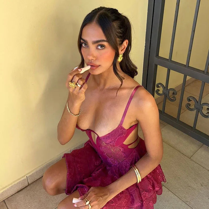 Lace Spaghetti Strap Sexy Mini Dress For Women Fashion Hollow Out Sleeveless Backless High Waist Ruffled Dress Elegant