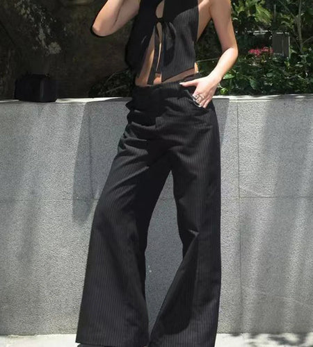 Black Spliced Striped Two Piece Sets for Women O Neck Sleeveless Patchwork Lace Up Vest Wide Leg Pant Set Female New