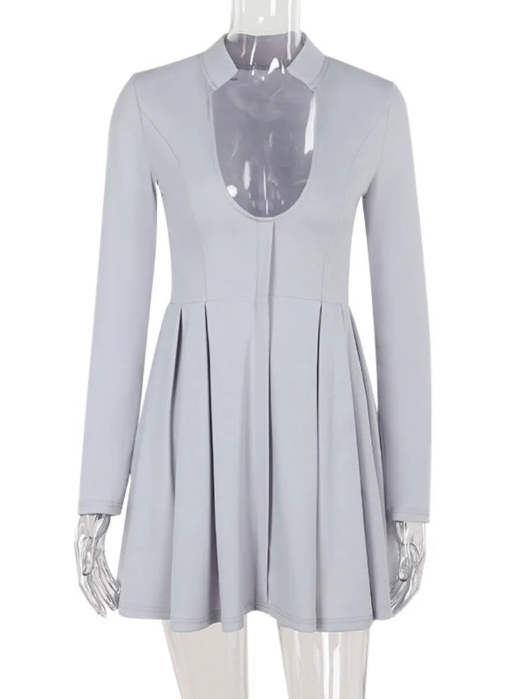 Gray Long Sleeve Sexy Mini Dress Women Solid V Neck High Waist A-line Club Party Pleated Sexy Dress Elegant Clubwear