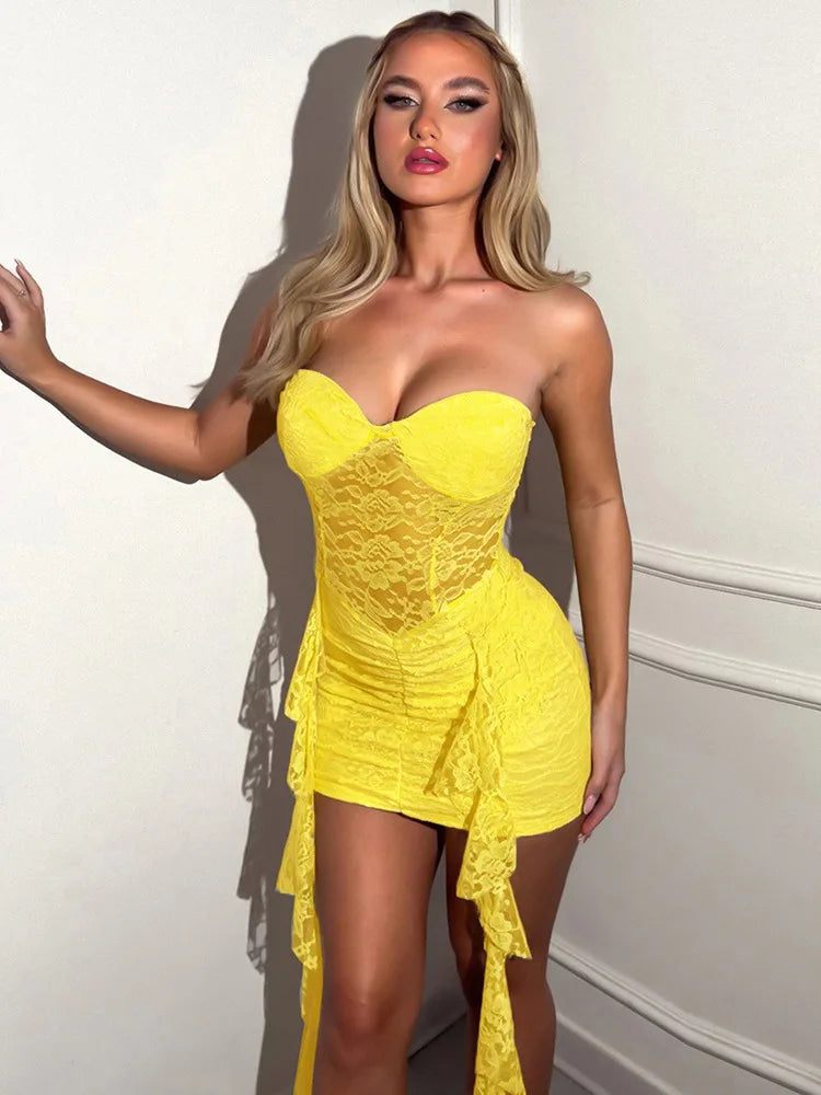 Lace Ruffle Sexy Mini Dress Women Summer New Off-shoulder Backless Sleeveless Draped Ruched  Beach Club Long Dress