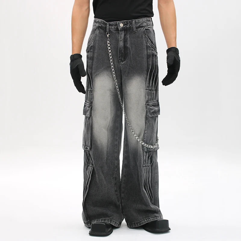American Style Men's Denim Pants Pleated Deconstruction Solid Color Casual Bottom Straight Wide Leg Male Jeans Tide 9C9374