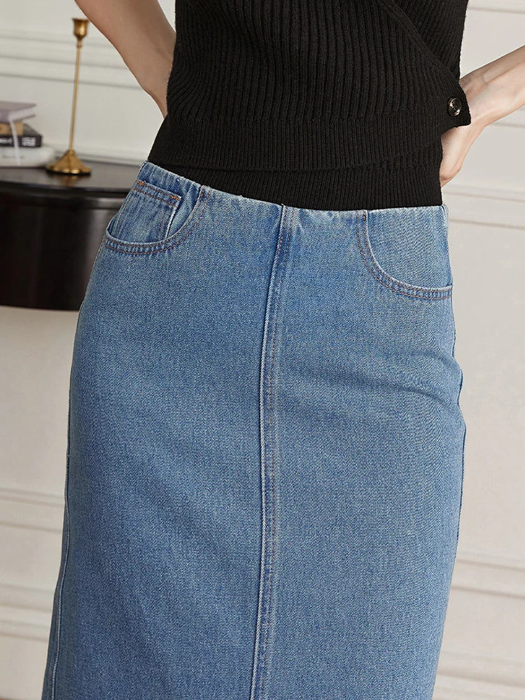 Minimalist Casual Denim Skirts For Women High Waist Patchwork Pockets Temperament Skirt Female Fashion Clothes
