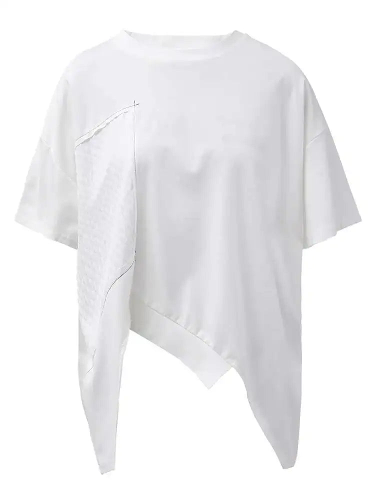 Women Black Irregular Topstitched Big Size Casual T-shirt New Round Neck Short Sleeve Fashion Spring Summer 2025 CPG1353