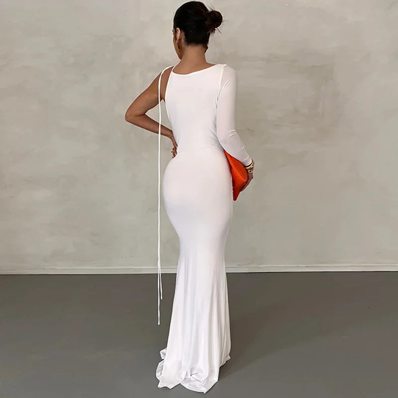 Elegant Backless Sexy Maxi Dress For Women Robe 2023 Spring New V Neck One Sleeve Lace-up Party Long Dress Vestido