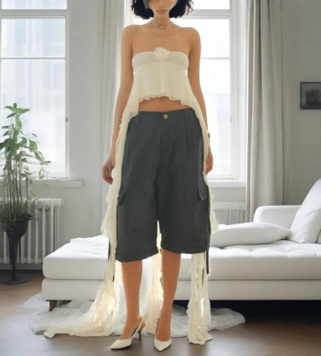 Strapless Tube Top y2k Clothes Women Solid Color 3D Flower Off Shoulder Sleeveless Irregular Ruffle Bandeau Streetwear