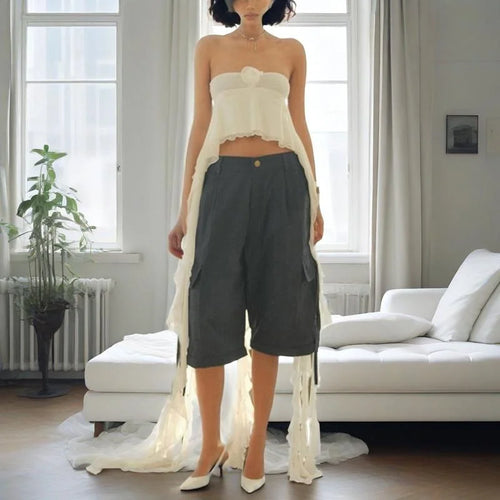 Load image into Gallery viewer, Strapless Tube Top y2k Clothes Women Solid Color 3D Flower Off Shoulder Sleeveless Irregular Ruffle Bandeau Streetwear
