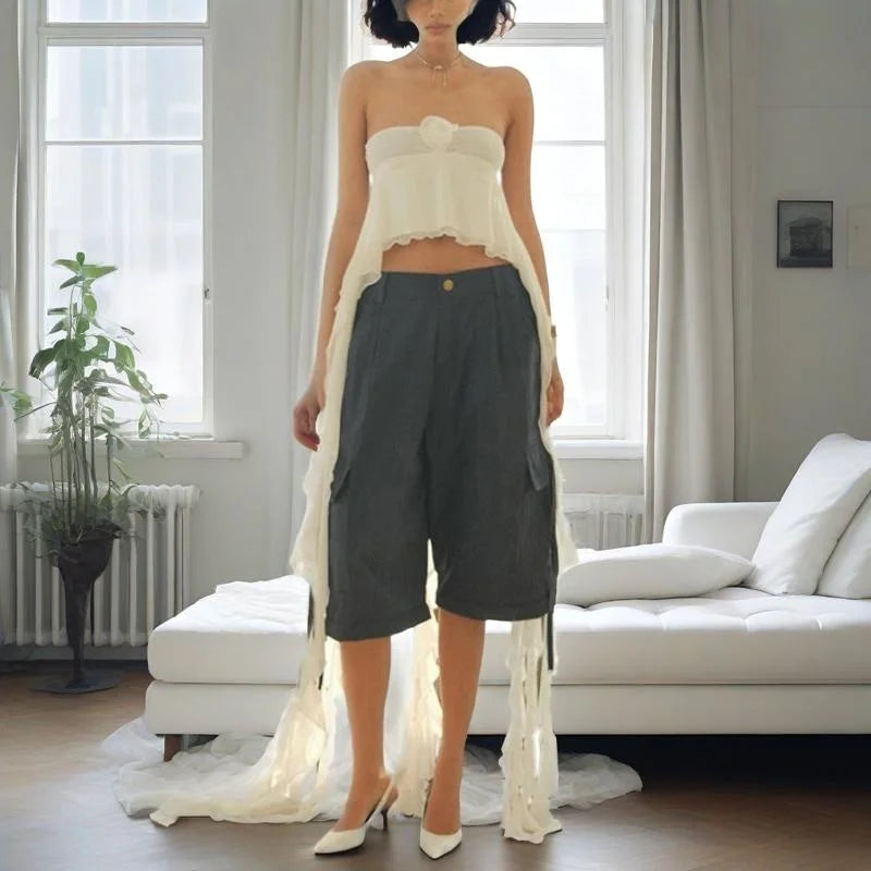 Strapless Tube Top y2k Clothes Women Solid Color 3D Flower Off Shoulder Sleeveless Irregular Ruffle Bandeau Streetwear