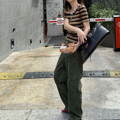 Load image into Gallery viewer, Women Harajuku Knitted Contrast Color Stripe Tops Y2k Aesthetic Sexy Slash Neck Tees Summer Slim Fit Streetwear Grunge Tshirts
