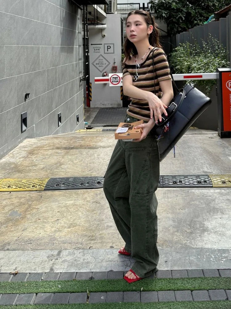 Women Harajuku Knitted Contrast Color Stripe Tops Y2k Aesthetic Sexy Slash Neck Tees Summer Slim Fit Streetwear Grunge Tshirts