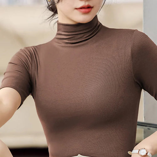 Load image into Gallery viewer, Half Turtleneck Milk Silk Tops Women Short Sleeve Slim T-Shirt Solid Color Basic Trend Bottoming Shirt High Street Women Blouse
