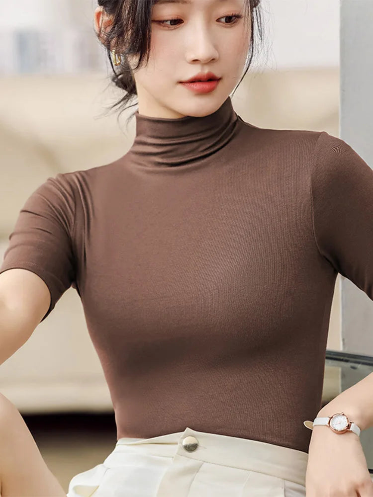 Half Turtleneck Milk Silk Tops Women Short Sleeve Slim T-Shirt Solid Color Basic Trend Bottoming Shirt High Street Women Blouse