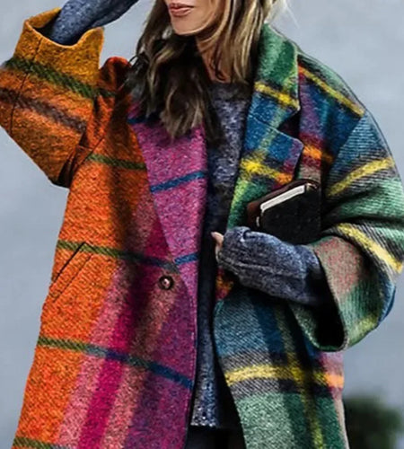 Winter Long Coats for Woman 2024 Contrast Plaid Long Sleeves Women's Loose Streetwear Coat Woolen Coat  Jacket Female