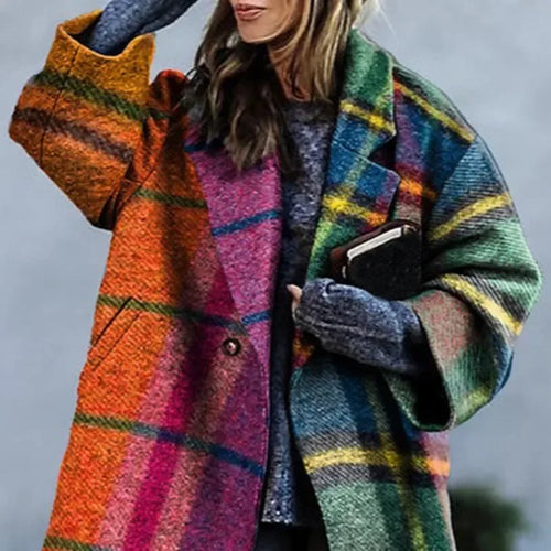 Load image into Gallery viewer, Winter Long Coats for Woman 2024 Contrast Plaid Long Sleeves Women's Loose Streetwear Coat Woolen Coat  Jacket Female
