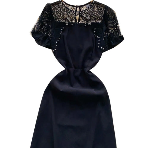 Load image into Gallery viewer, Summer Beige Lace Patchwork Sexy Club Mini Dress French Women Black Diamond Hollow Out High Waist Party Short Dresses 2024 New
