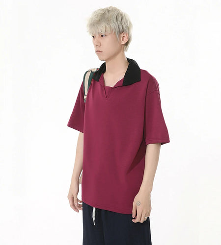 Niche Design Men's Tees Contrast Color Patchwork Turn-down Collar T-shirts Short Sleeved Casual Male Tops Summer 9W1259