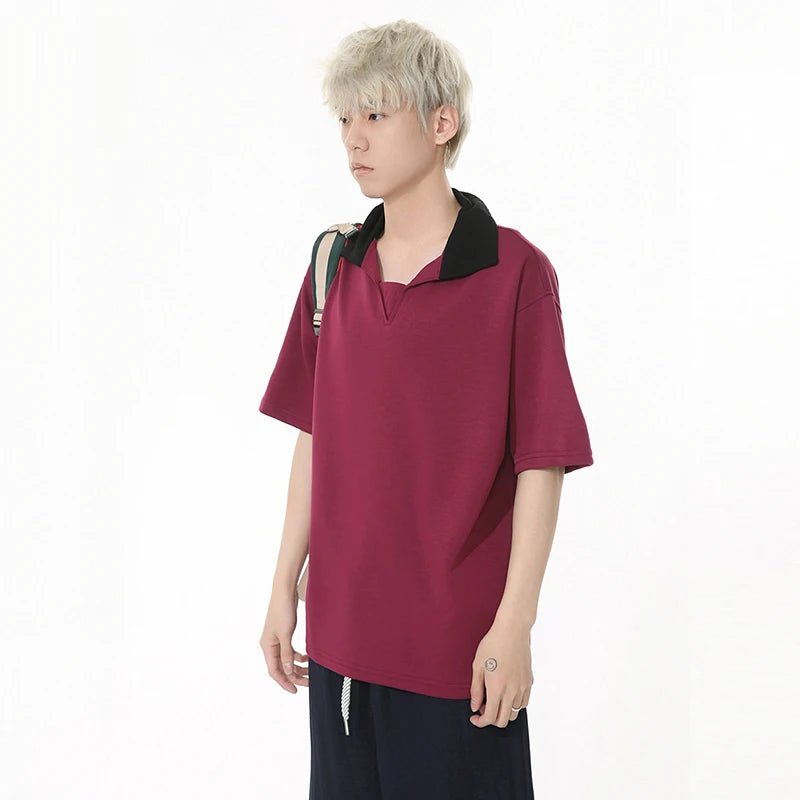 Niche Design Men's Tees Contrast Color Patchwork Turn-down Collar T-shirts Short Sleeved Casual Male Tops Summer 9W1259