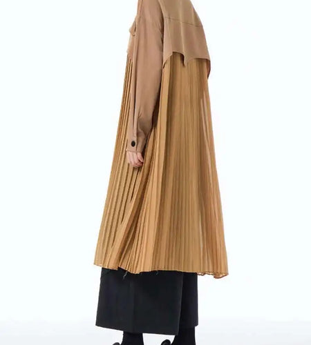 Women Army Green Pleated Spliced Big Size Midi Shirt Dress New Lapel Long Sleeve Fashion Tide Spring Autumn 2025 1DH6927
