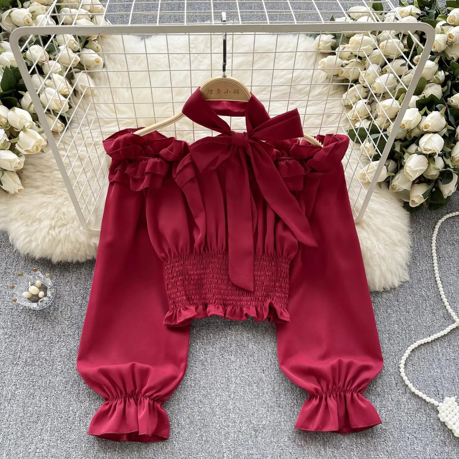Women Sweet Sexy Club Bow Halter Blouse Off Shoulder Long Sleeve Solid Pleated Shirt Long Sleeve Short Ruffle Tops Spring Autumn