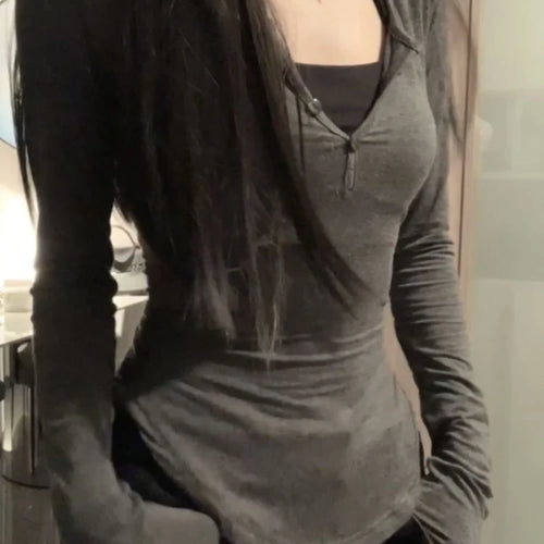 Load image into Gallery viewer, Y2k Aesthetic Vintage Fake Two Piece T-shirt Womens Harajuku Patchwork Halter Tops Streetwear Grunge Irregular Slim Shirts Femme
