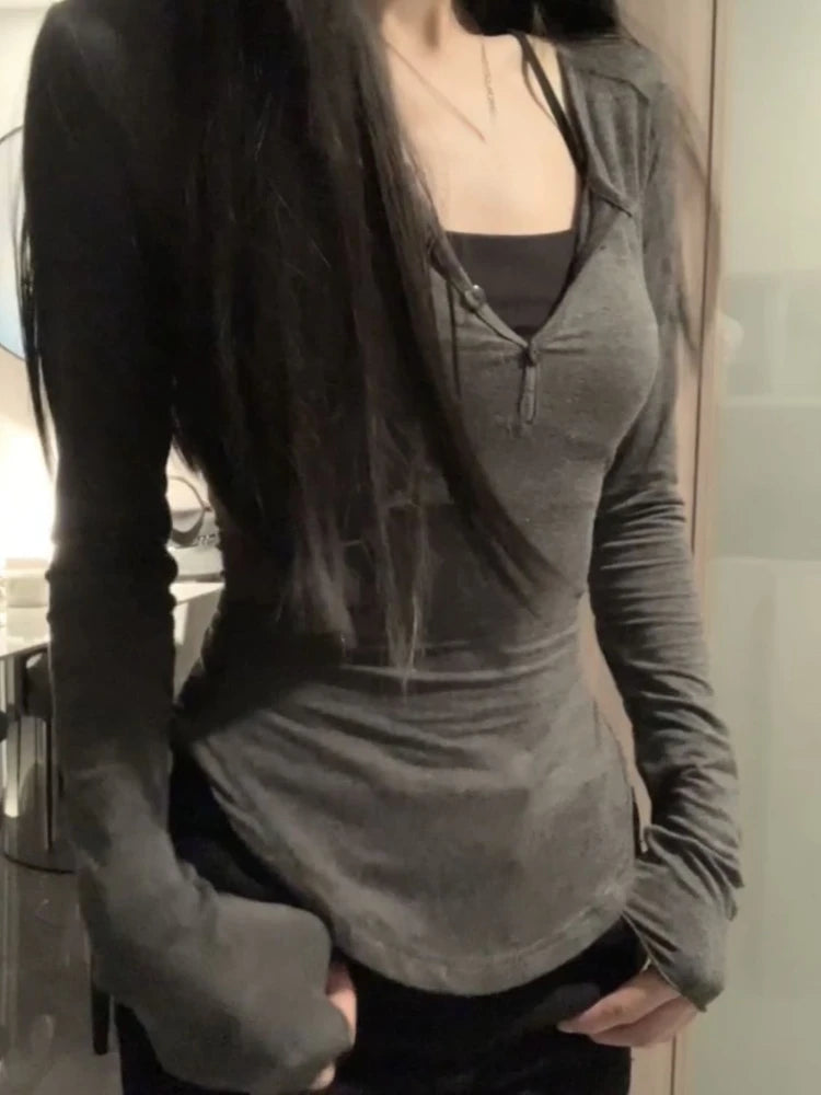 Y2k Aesthetic Vintage Fake Two Piece T-shirt Womens Harajuku Patchwork Halter Tops Streetwear Grunge Irregular Slim Shirts Femme