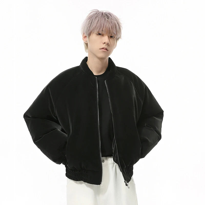 PU Leather Men's Padded Jackets Warm Round Collar Solid Color Loose Coats New Trendy Korean Short Cotton Tops Simple 9C9342