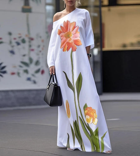 Flower Print Dresses 2025 Woman Summer Clothes Party Dresses Asymmetric One-shoulder White Elegant Dresses for Woman