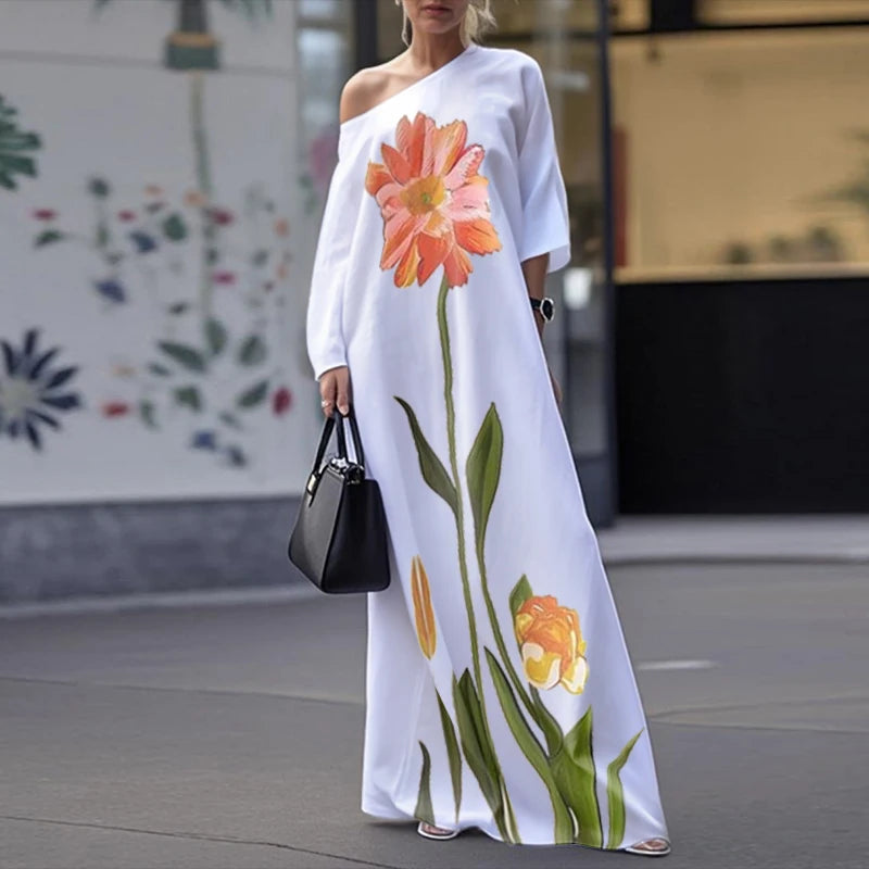 Flower Print Dresses 2025 Woman Summer Clothes Party Dresses Asymmetric One-shoulder White Elegant Dresses for Woman
