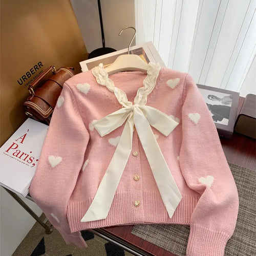 Load image into Gallery viewer, Winter Sweet Patchwork Heart Embroidery Knitting Sweaters Women Long Sleeved Bow Ruffles V-neck 2024 New Fashion Cardigan Tops
