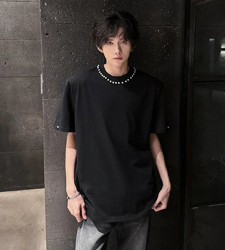 Men's T-shirts Short Sleeve Trendy Round Neck Rivet Pearl Design New Summer Korean Style Pullover Male Loose Tees 9W1913