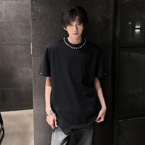 Load image into Gallery viewer, Men's T-shirts Short Sleeve Trendy Round Neck Rivet Pearl Design New Summer Korean Style Pullover Male Loose Tees 9W1913
