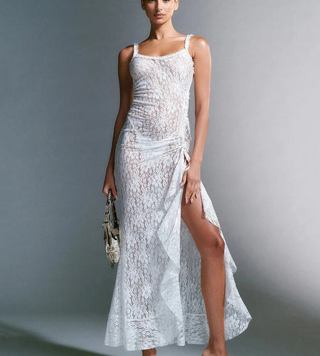 Sexy Lace Print High Split Women's Dress Slim Fit Open Back Transparent Lace up Female Midi Dress Party Club Vestidos