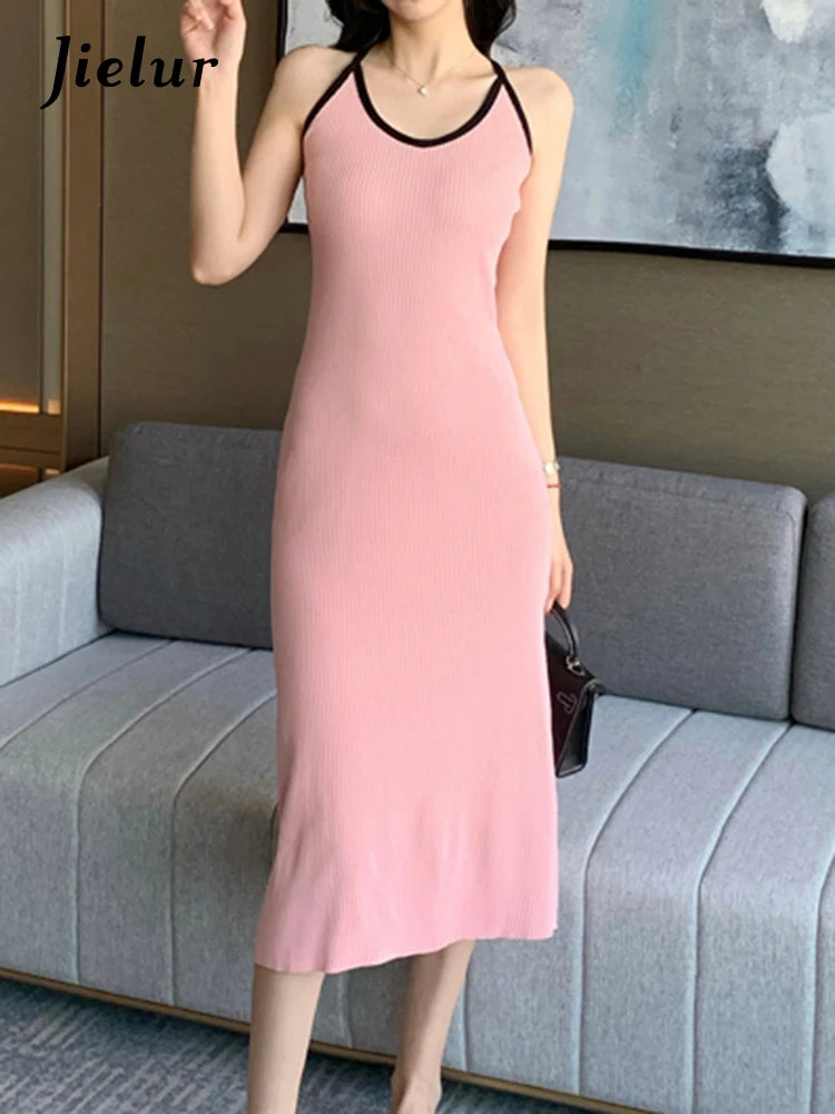 Backless Spell Color Strapless Sexy Dress Slim Waist Tight Hip O-neck Sleeveless Elegant Dresses Summer Casual Streetwear