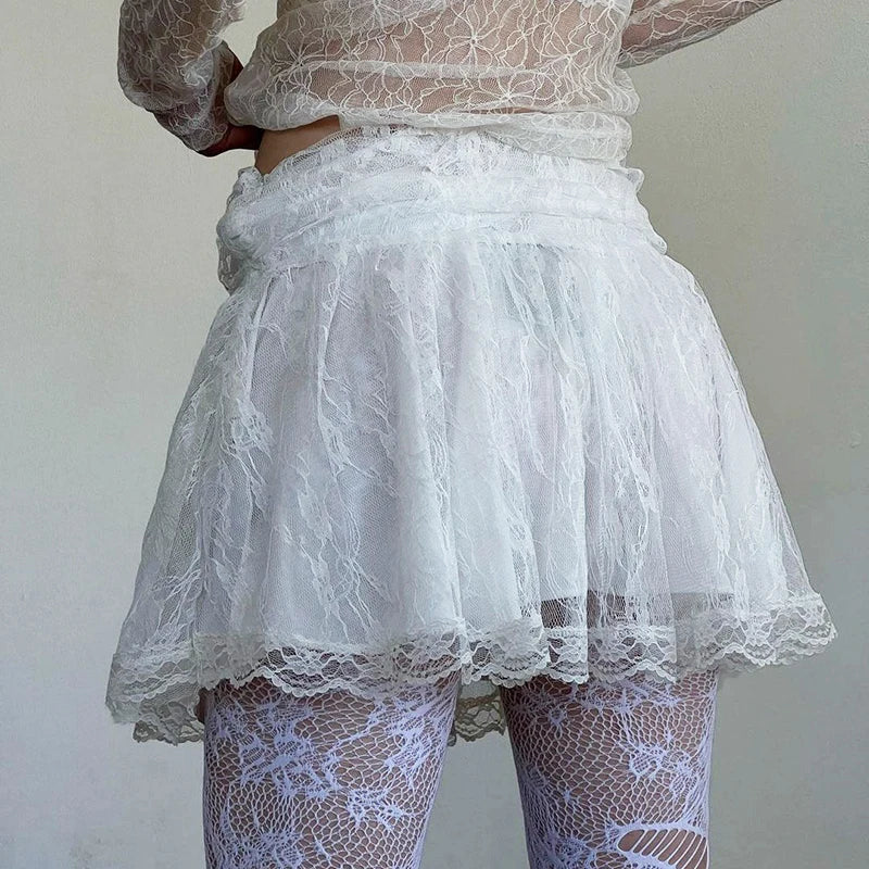 Y2K Vintage Fashion White Lace Skirt Fold Tierred A-Line Summer Mini Skirts Women Lolita Preppy Style Hottie Outfits