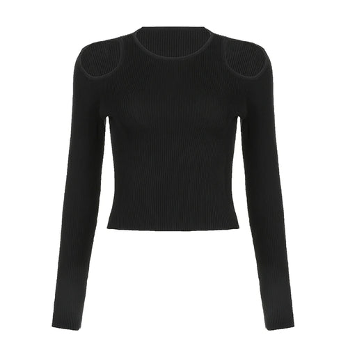 Load image into Gallery viewer, Casual Black Skinny Autumn Sweater for Women Cut Out Solid All-Match Pullover Knit Crop Korean Fashion Jumper Outfits
