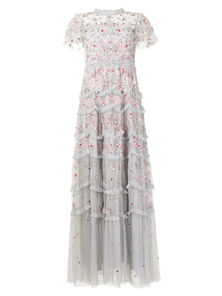 Spliced Floral Embroidery Elegant Dresses For Women Round Neck Short Sleeve High Waist Patchwork Mesh Dress Female Fashion