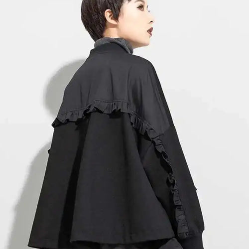 Load image into Gallery viewer, Loose Fit Black Pocket Ruffles Big Size Jacket New Stand Collar Long Sleeve Women Coat Fashion Autumn Winter 2025 1DD3814
