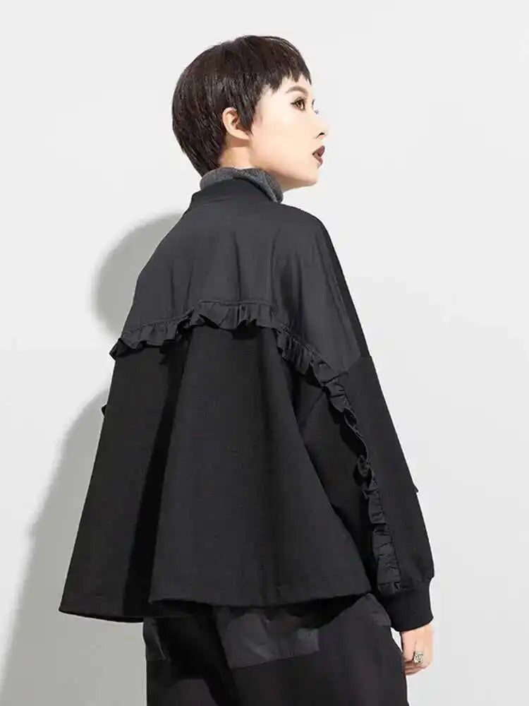 Loose Fit Black Pocket Ruffles Big Size Jacket New Stand Collar Long Sleeve Women Coat Fashion Autumn Winter 2025 1DD3814