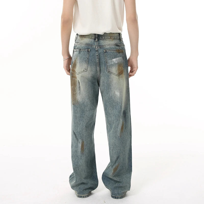 Men's Jeans New American Style High Street Graffiti Design Straight Wide Leg Trendy Distressed Male Denim Pants 9W1836