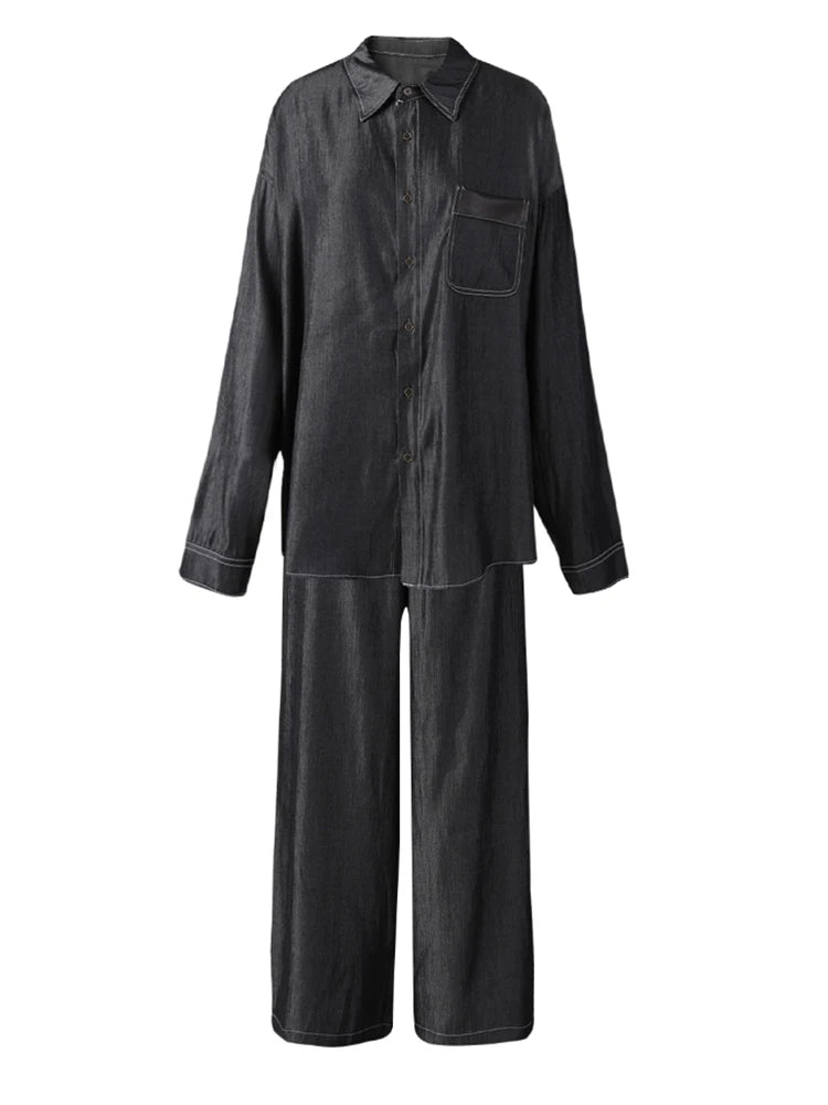 Big Size Gray Shirt Wide Leg Pants Two Piece Suit New Lapel Long Sleeve Women Fashion Tide Spring Autumn 2025 CPG3103